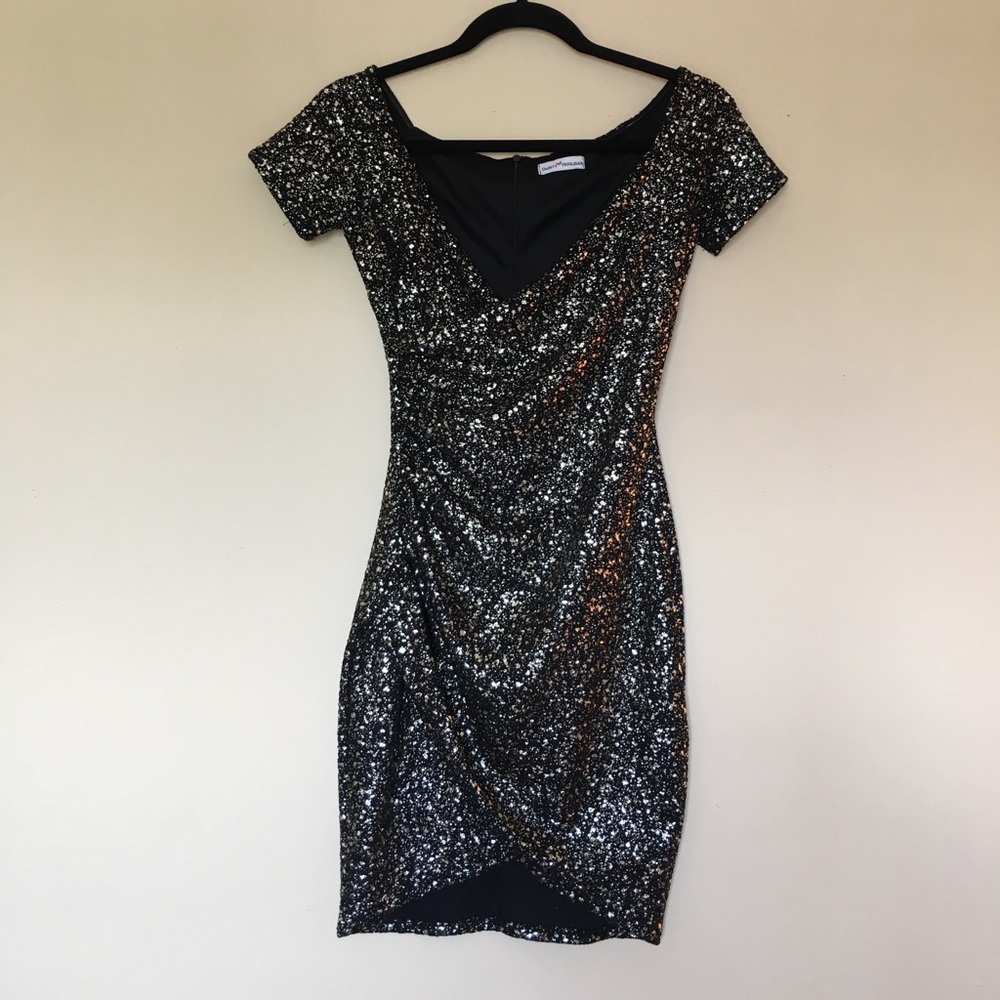 Off-Shoulder Black & Gold Cocktail Dress